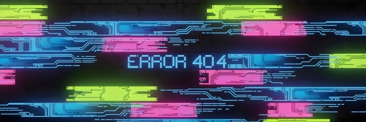 Vibrant neon glitch wall with circuit patterns and embedded "ERROR 404" text – Suitable for futuristic backgrounds, tech design, or digital glitch effects