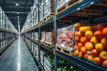 Modern refrigerated warehouse featuring automated shelves with fresh produce for distribution
