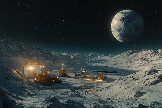 Futuristic mining facility on the moon extracts rare minerals with robotic technology
