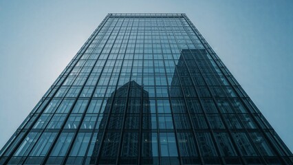 Fototapeta premium Modern glass skyscraper against a pale sky.