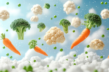 An explosion of healthy vegetables in the sky with fluffy clouds. Carrots and broccoli fly in the sky.