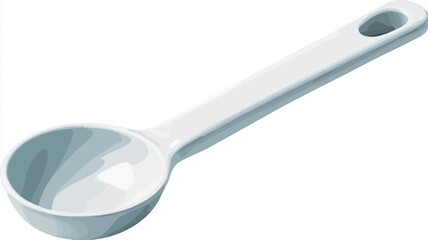 A close-up shot of a single white plastic measuring spoon isolated on a white background. The spoon has a long handle with an oval-shaped hole near the top and a rounded bowl.