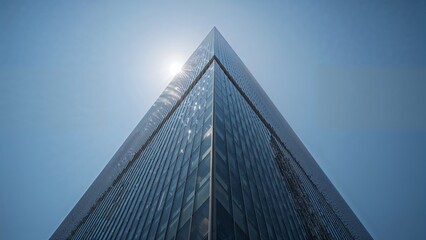 Modern skyscraper facade against a clear blue sky.