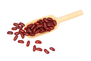 Red kidney beans in wooden scoop isolated on white background
