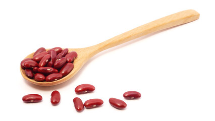 Red kidney beans in wooden scoop isolated on white background