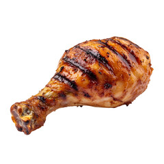 A golden-brown grilled chicken leg with crispy skin, isolated on a white background