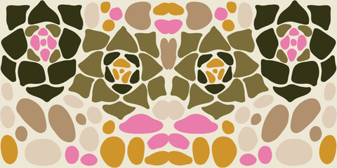 Vibrant seamless vector pattern featuring Echeveria succulents arranged on smooth stones, mosaic aesthetics.