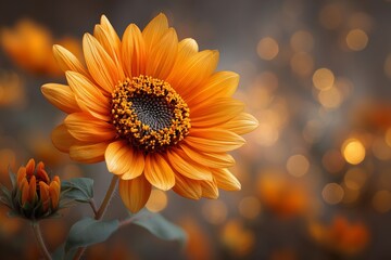 Warm orange sunflower on a soft golden bokeh backdrop, Thanksgiving harvest theme, cozy and festive autumn floral concept