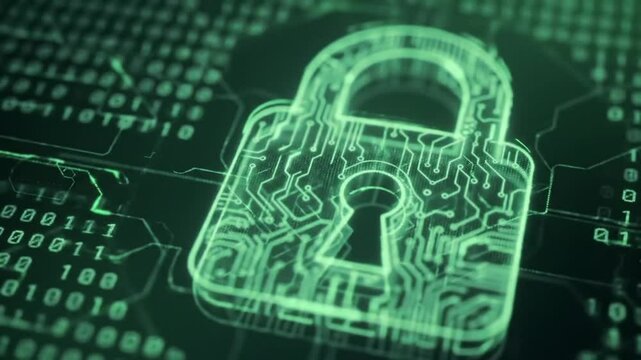 Digital padlock with circuit board pattern and binary code on a dark green background security concept