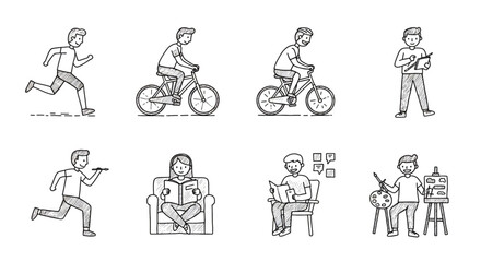 Hand-drawn style black line icons of daily leisure activities, including jogging, biking, reading, and painting