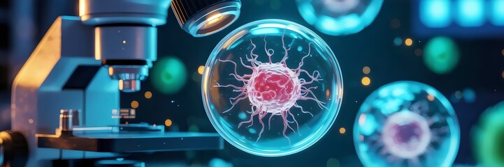 Glowing single cell under microscope in fluid – Ideal for biotech, health education, or scientific exploration visuals