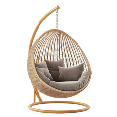 A cozy hanging chair with plush cushions and a sleek frame, isolated on a white background