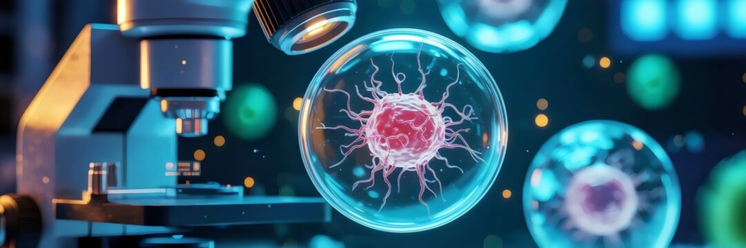 Glowing single cell under microscope in fluid – Ideal for biotech, health education, or scientific exploration visuals