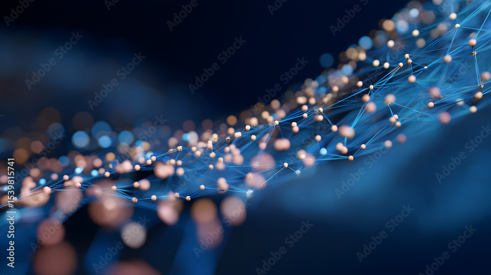 Poster abstract digital network of interconnected glowing nodes and lines forming a dynamic, flowing mesh o