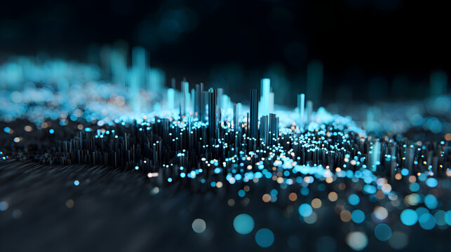 Abstract 3D digital cityscape with glowing blue lights and vertical bars, representing futuristic technology and data visualization. - Powered by Adobe