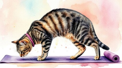 Concentrated Tabby Cat Performing Yoga Pose on Purple Mat with Soft Pink and Orange Watercolor Background