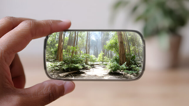 A hand holds a smartphone displaying a vibrant forest scene, blending technology with nature.