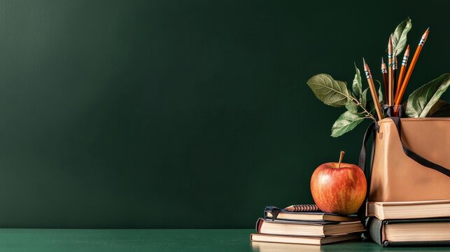 School Supplies Arranged on a Green Tabletop With an Apple and a Bag of Pencils