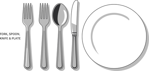 A simple illustration of a place setting with two forks, a spoon, a knife, and a white plate neatly arranged