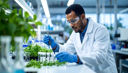 Scientist studying plants in lab.