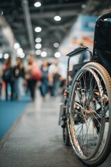 Obraz premium Wheelchair Positioned in Busy Convention Hall During Event With Many Attendees Present.