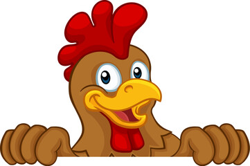A chicken rooster cockerel bird cartoon character peeking over a sign