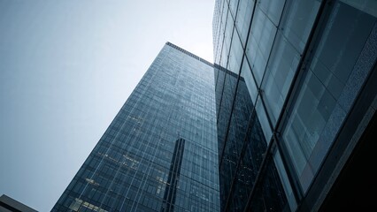 Obraz premium Modern glass skyscraper against a pale sky.