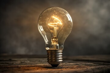 Glowing lightbulb on a rustic wooden surface illuminates the scene