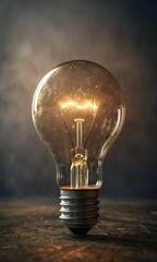 Vintage Lightbulb Glowing on a Rustic Surface with a Dark Background