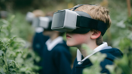 Virtual Reality in the Greenery: A group of youngsters don VR headsets, experiencing a digital world while standing amongst lush green foliage, blending technology with nature. 