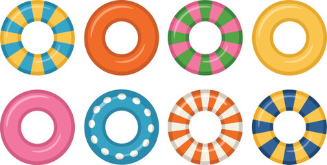 Collection of eight colorful inflatable swim rings in various designs and vibrant color schemes