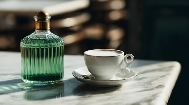 A green glass bottle and a white cup with cappuccino sit on a marble table in a softly lit cafe setting.