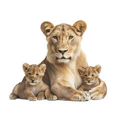 Lioness with cubs wildlife animal feline predator nature photography on transparent background