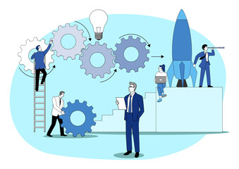 Startup Launch Concept, with teamwork, gears, and light bulb Idea