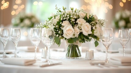 Table centerpiece of white roses in glass vase, soft light