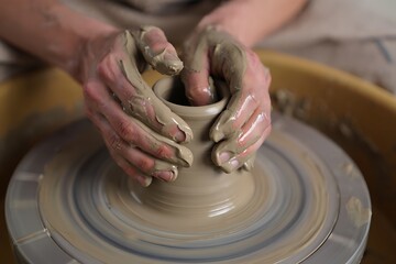 Hands Shaping Clay on Pottery Wheel – Pottery Making Close-Up