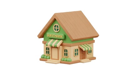 Charming Guesthouse Building with Green Accent and Light Brown Roof on White Background