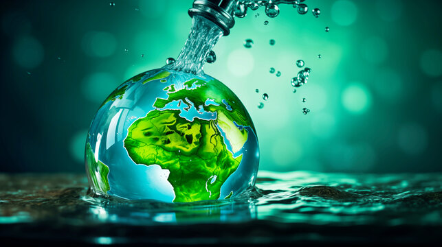 Water for a Sustainable Tomorrow: A compelling visual of water cascading over a miniature Earth, representing the vital importance of water and conservation in a sustainable future.