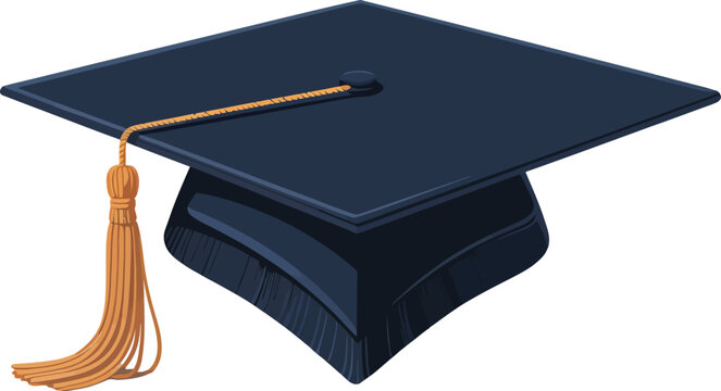 A single navy blue graduation cap with a gold tassel on a light gray background in a studio shot view