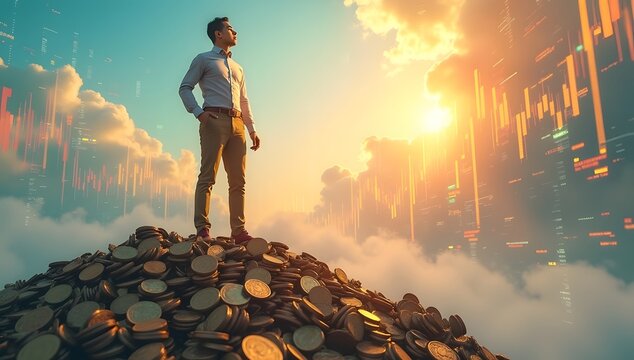 Dynamic energy growing of stock market shown by a person viewing rising graphs from coin mountain. AI-Generated!