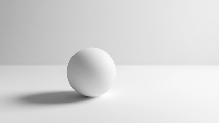 A minimalistic image of a white sphere with a soft shadow on a white surface in a white room