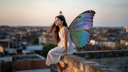 Girl with Butterfly Wings Sitting on Rooftop – Fantasy Concept of Transformation, Innocence and Freedom