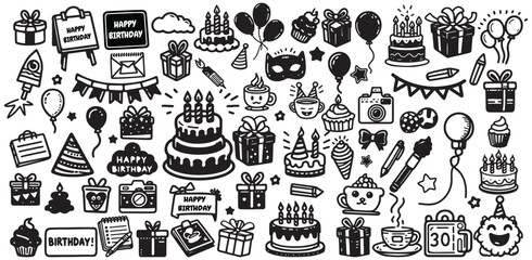 Black and White Hand Drawn Birthday Party Icons
