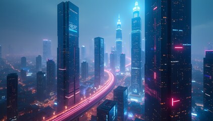 Dynamic energy growing of stock market shown by futuristic skyline with rising holographic lines. AI-Generated!
