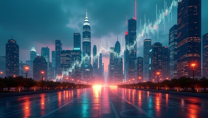 Dynamic energy growing of stock market shown by futuristic skyline with rising holographic lines. AI-Generated!