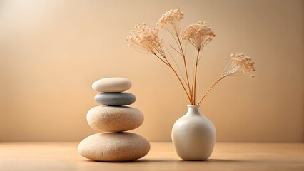 Serene spa still life stacked stones and dried flowers in a minimalist vase