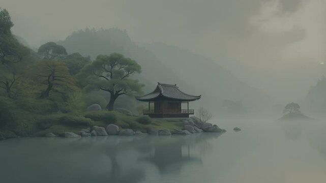 Serene landscape featuring a traditional Asian building nestled beside a misty lake, surrounded by gentle hills and subtle vegetation
