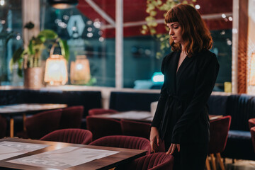 A young woman stands thoughtfully in a dimly lit restaurant, feeling disappointed after her date...