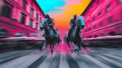 Racing Horses in Urban Scene: Two dynamic horses gallop through a bustling city street, their forms blurred by motion against a backdrop of buildings. A visual symphony of speed and urban energy.