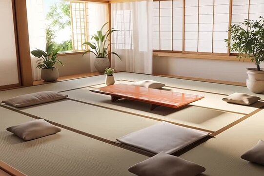a warm minimalist Japanese-style living room, natural soft light through shoji screen windows, low wooden table, floor cushions , indoor plants in ceramic pots, tatami mat flooring, light wood textur
